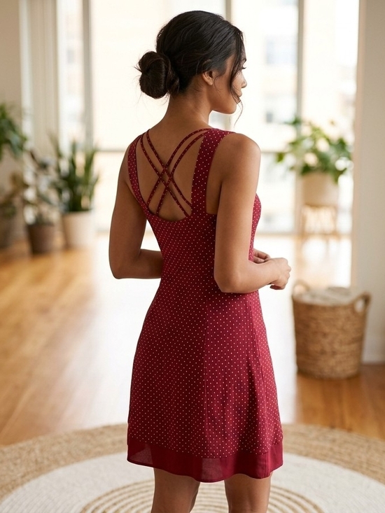 Marie Claire Dresses & Skirts - Vintage 90s Burgundy Polka Dot Midi Dress Retro Pin-Up Romantic Casual Chic